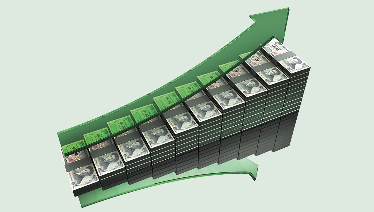Stacked yen and an upwards pointing arrow
