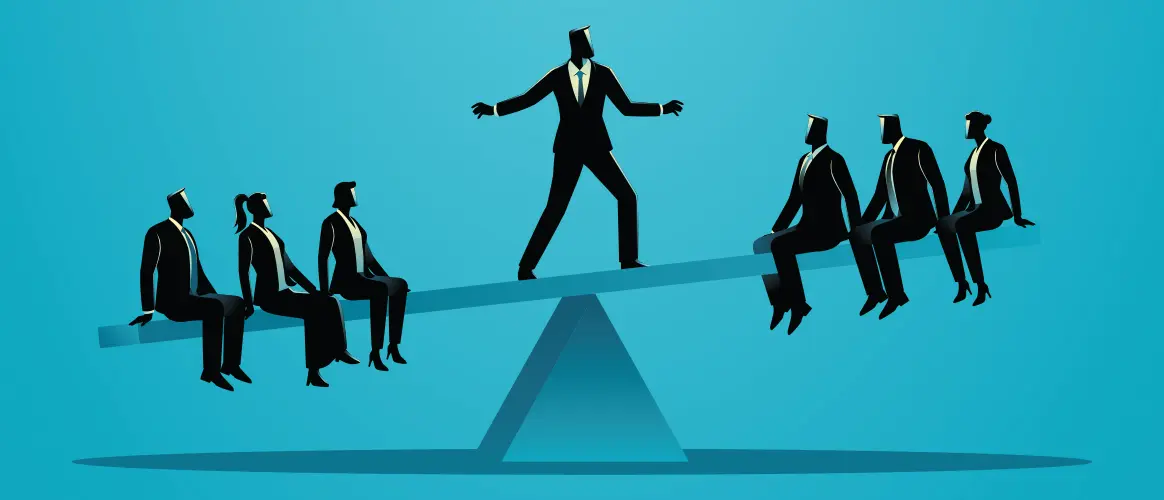 Image of a business person standing in the middle of a seesaw, balancing between a split 6-person group.