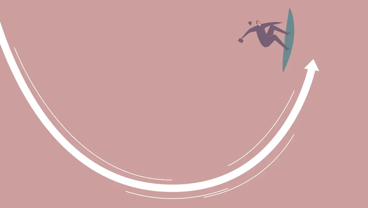 Figure on a surfboard riding an upward arrow