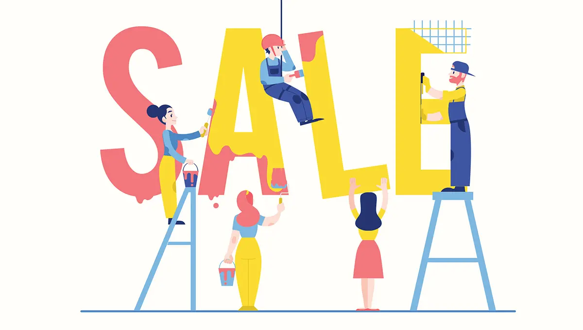 Illustration of people painting letters spelling 'sale.'
