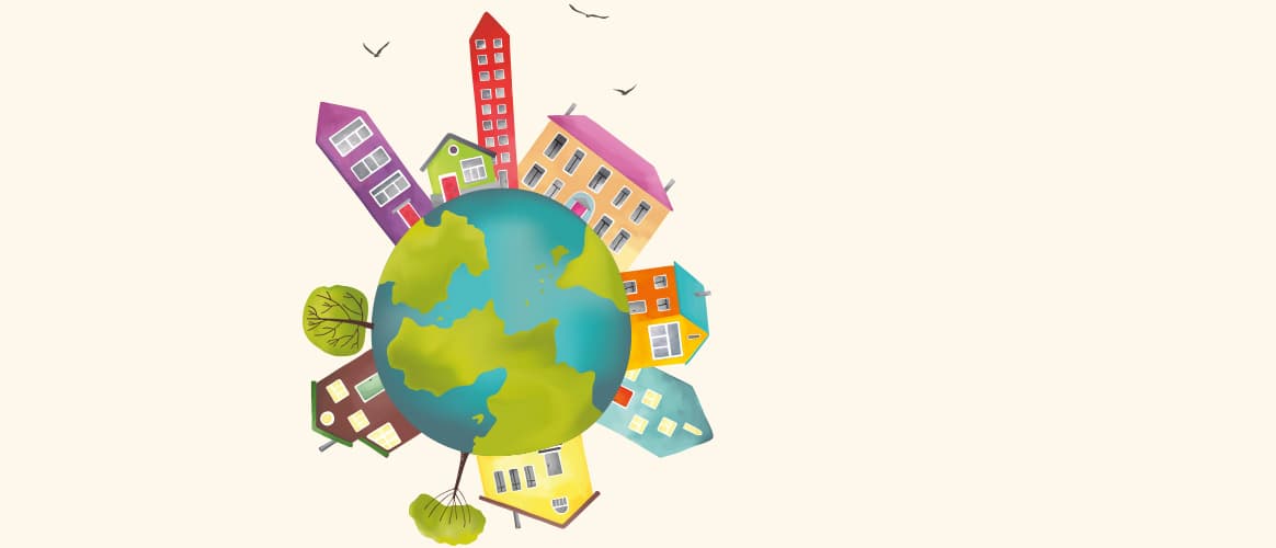 Illustration of Earth circled by different homes and buildings.