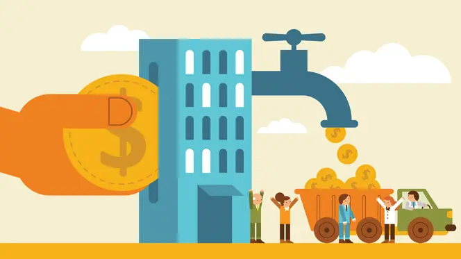 Illustration of a person putting a coin inside of a building with a money tap releasing smaller coins.