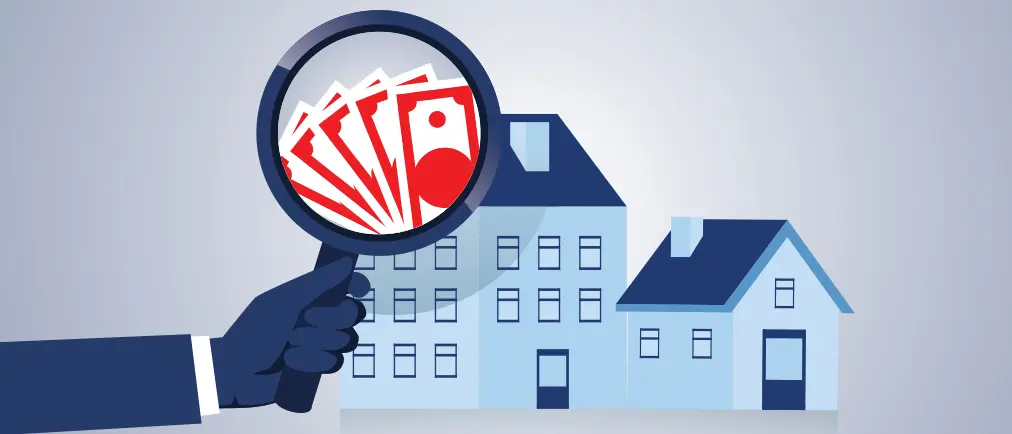 Illustration of a hand holding a magnifying glass looking into a house with dollar bills.