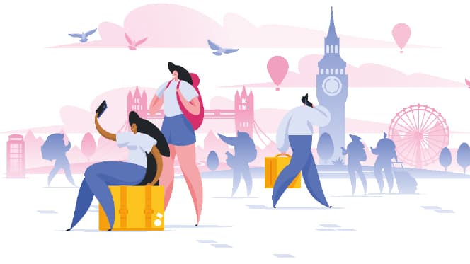 Image of student backpackers walking around London, tourist, site seeing