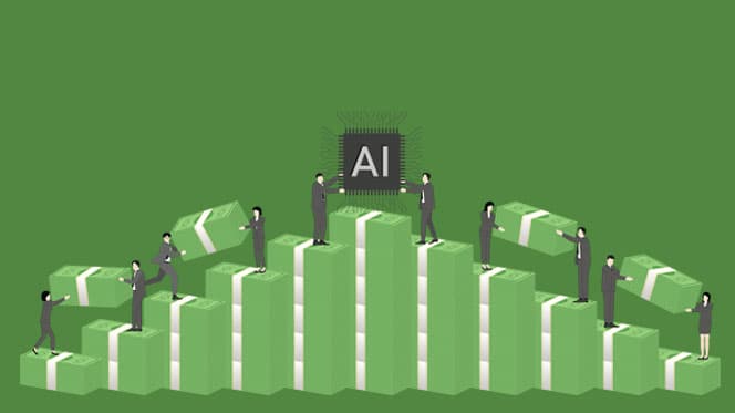 Illustration of people handing large stacks of money and an AI chip to one another while standing on larger stacks of money.