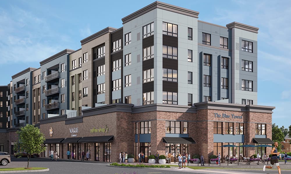 A digital rendering for the multifamily and retail facade of The Crossings in East Orange, New Jersey.
