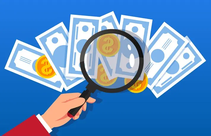 Illustration of a person holding a magnifying glass inspecting money.