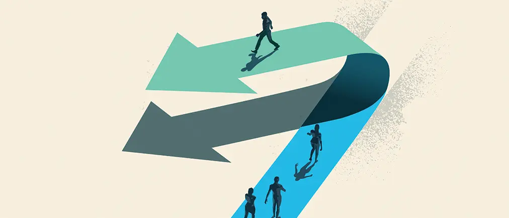 A Change of Direction. A businessman choosing to walk in the opposite direction to other people on top of a arrow. Business conceptual vector illustration.