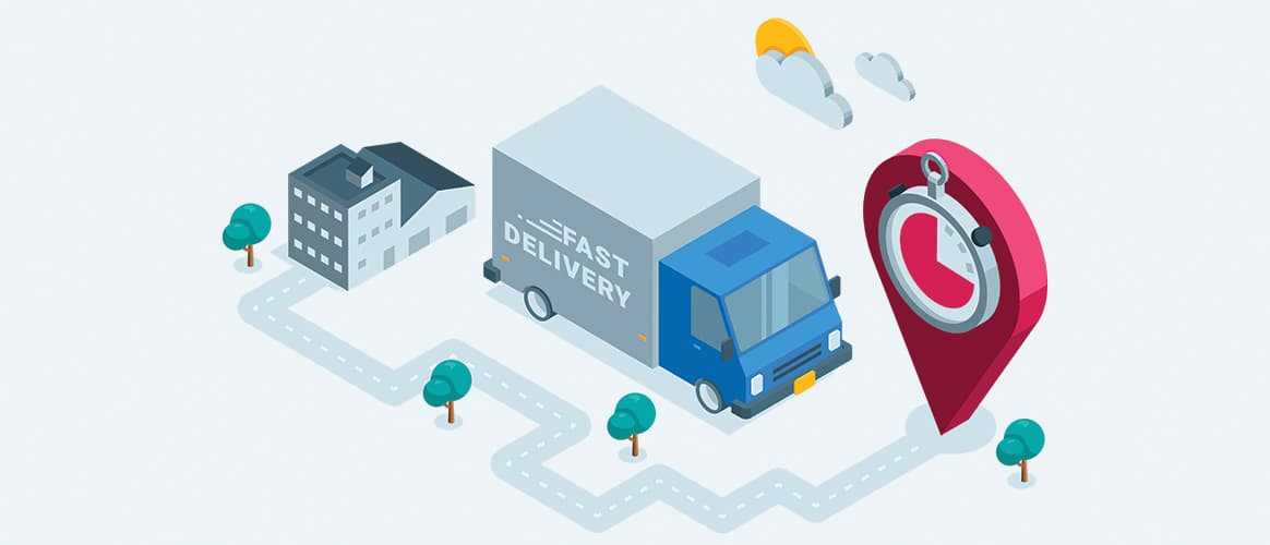 isometric truck with the inscription fast delivery goes from the warehouse to the location icon in color on a white background, targeted delivery of goods or mailings